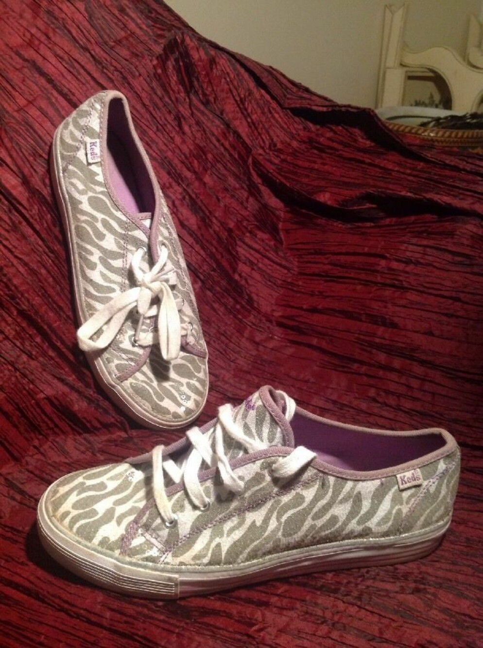KEDS ANIMAL PRINT DAHLIA SILVER/WHITE LACE SEQUINS SNEAKERS SHOES WOMEN'S 5.5M